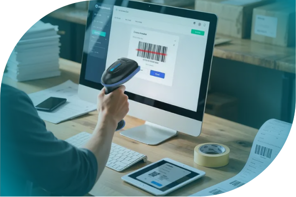 Shipping box with barcode label for document integration and traceability