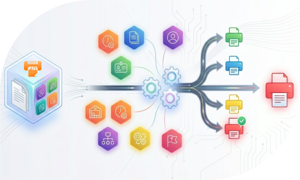 Routing engine diagram showing decision tree from PrintNode to multiple printers Office Warehouse Production Floor