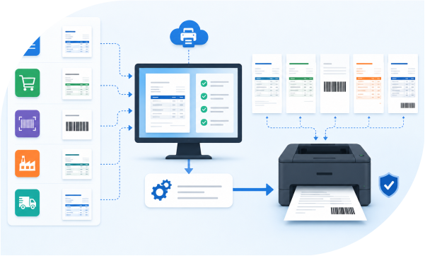 Template selection screen showing multiple print formats Invoice Label Job Card with one selected dynamically